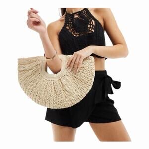 Ramla Bohemian Tan Woven Straw Half Moon Hobo Bag New Handmade Zip Closure-